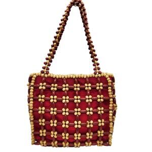Vintage Red and Tan Wooden Beaded Mini Satchel Magnetic Button Closure Handbag